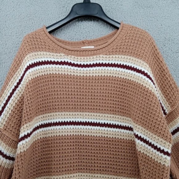 Hippie Rose Sweater Womens XL Tan Striped Waffle Knit Pullover Cable Knit - Picture 2 of 10